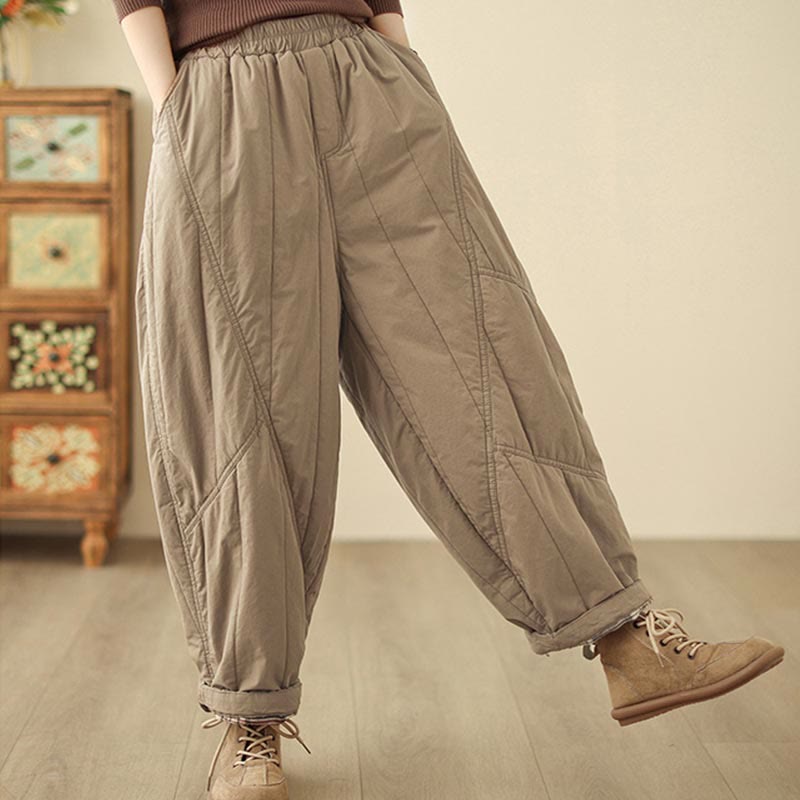 Winter Plain High Waist Cotton Women's Harem Thermal Elastic Waist Pants With Pockets