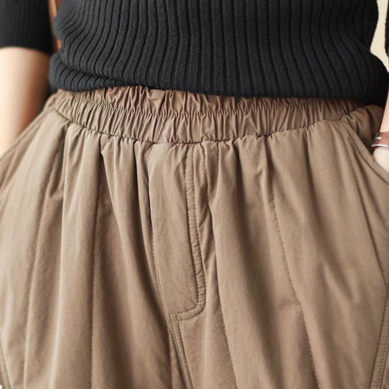 Winter Plain High Waist Cotton Women's Harem Thermal Elastic Waist Pants With Pockets