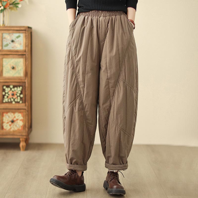 Winter Plain High Waist Cotton Women's Harem Thermal Elastic Waist Pants With Pockets