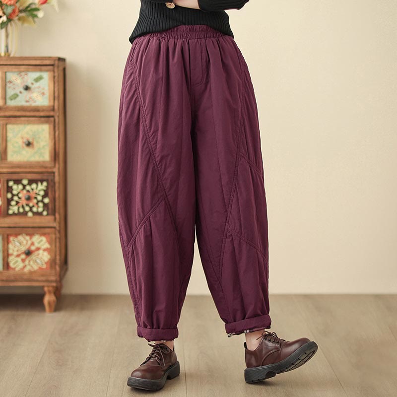 Winter Plain High Waist Cotton Women's Harem Thermal Elastic Waist Pants With Pockets