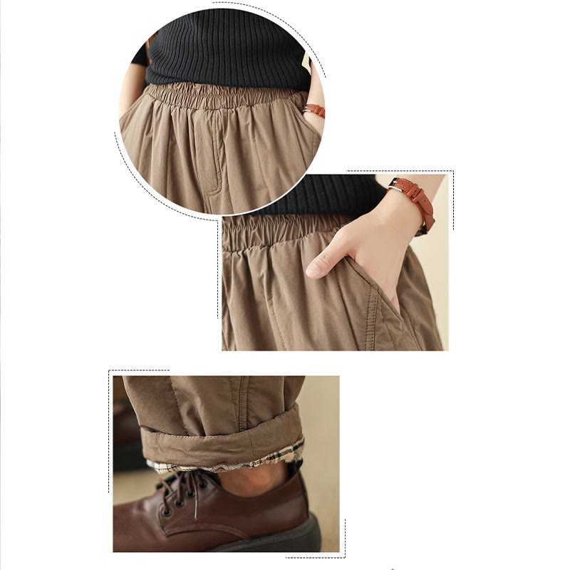 Winter Plain High Waist Cotton Women's Harem Thermal Elastic Waist Pants With Pockets
