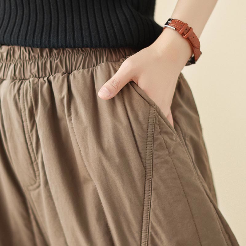 Winter Plain High Waist Cotton Women's Harem Thermal Elastic Waist Pants With Pockets