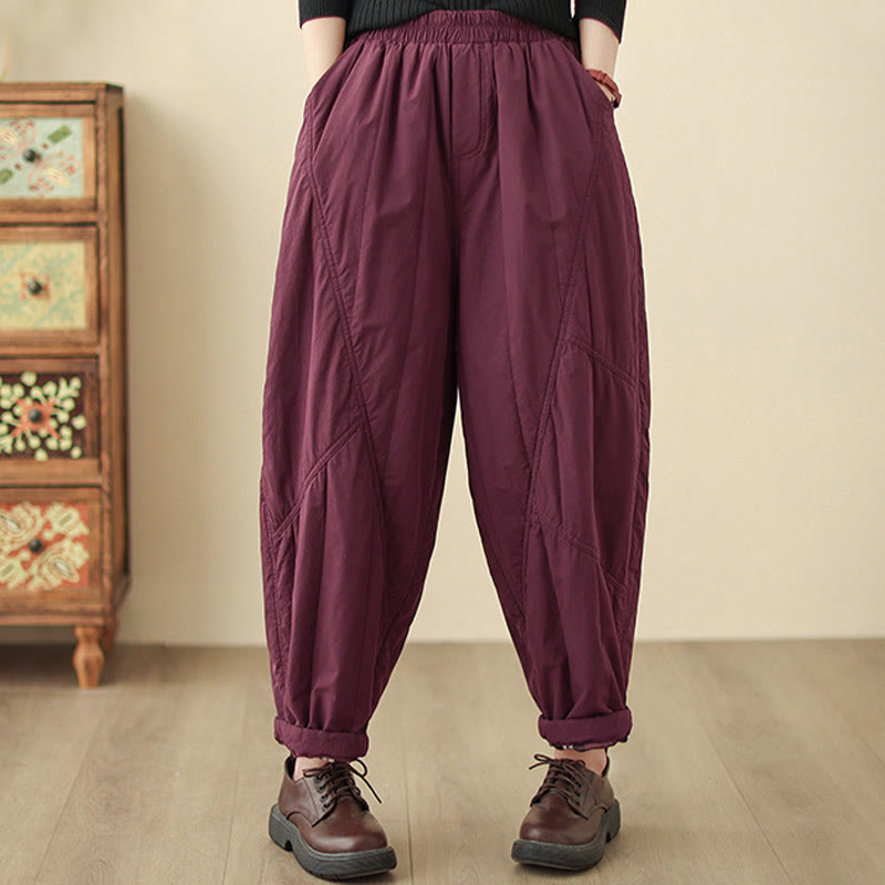 Winter Plain High Waist Cotton Women's Harem Thermal Elastic Waist Pants With Pockets