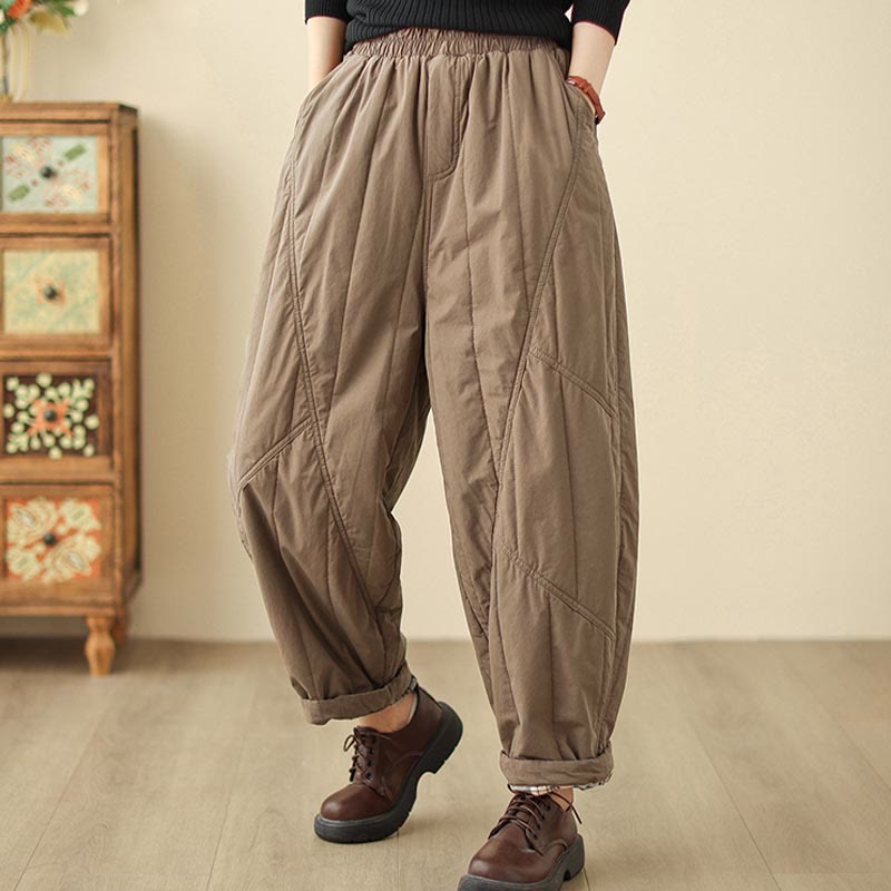 Winter Plain High Waist Cotton Women's Harem Thermal Elastic Waist Pants With Pockets