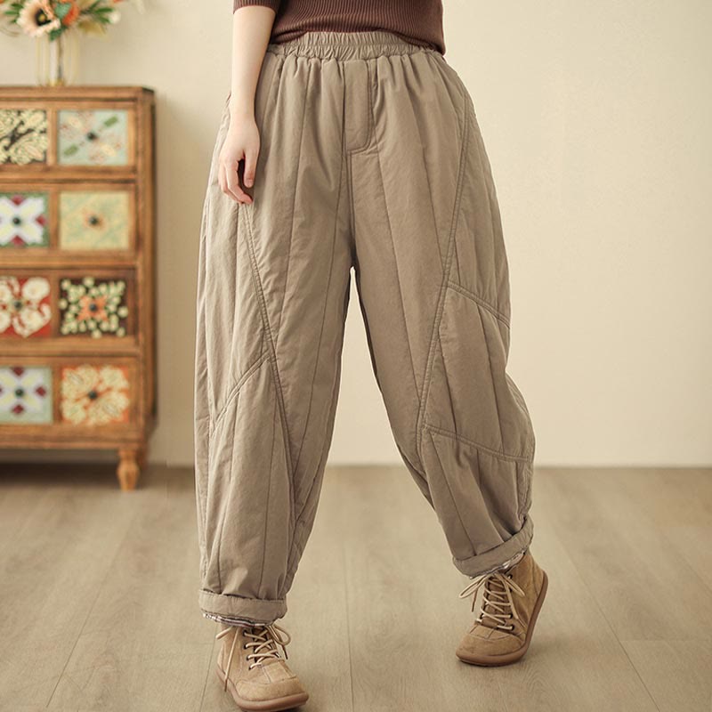 Winter Plain High Waist Cotton Women's Harem Thermal Elastic Waist Pants With Pockets