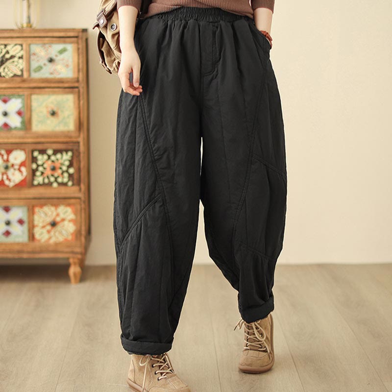 Winter Plain High Waist Cotton Women's Harem Thermal Elastic Waist Pants With Pockets