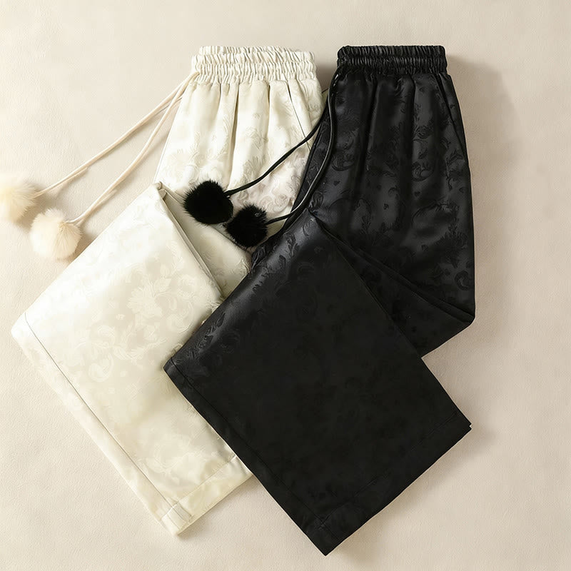 Jacquard High Waist Design Women's Wide Leg Thermal Thickened Pants With Pockets