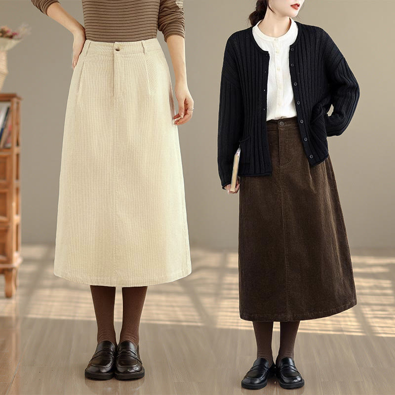 Tactile Corduroy Elastic Waist Grounding Midi Skirt with Pockets