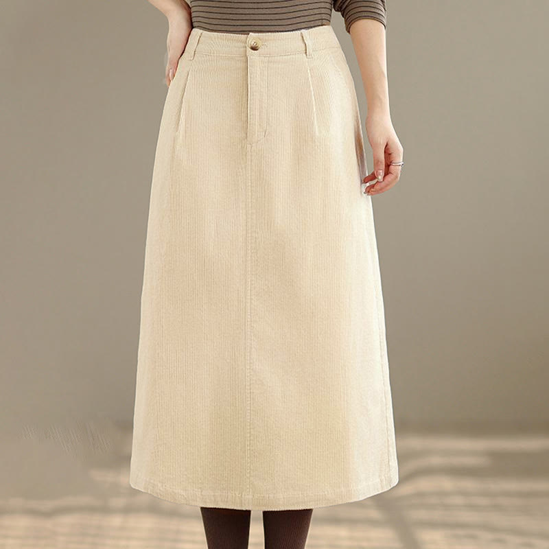 Tactile Corduroy Elastic Waist Grounding Midi Skirt with Pockets
