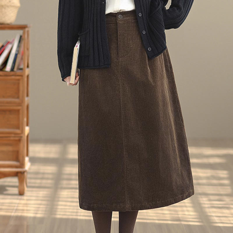 Tactile Corduroy Elastic Waist Grounding Midi Skirt with Pockets