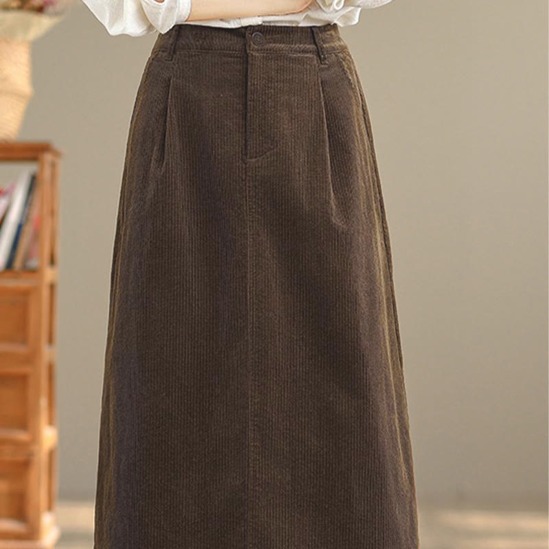 Tactile Corduroy Elastic Waist Grounding Midi Skirt with Pockets