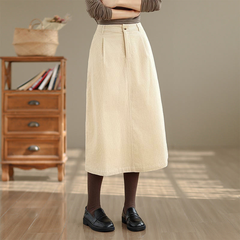 Tactile Corduroy Elastic Waist Grounding Midi Skirt with Pockets