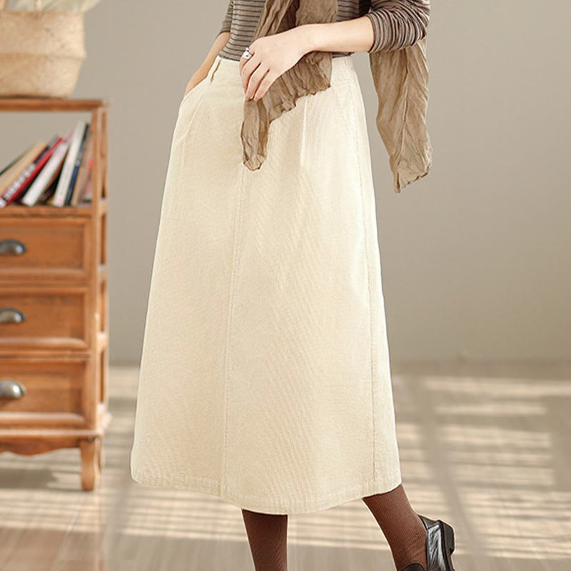 Tactile Corduroy Elastic Waist Grounding Midi Skirt with Pockets