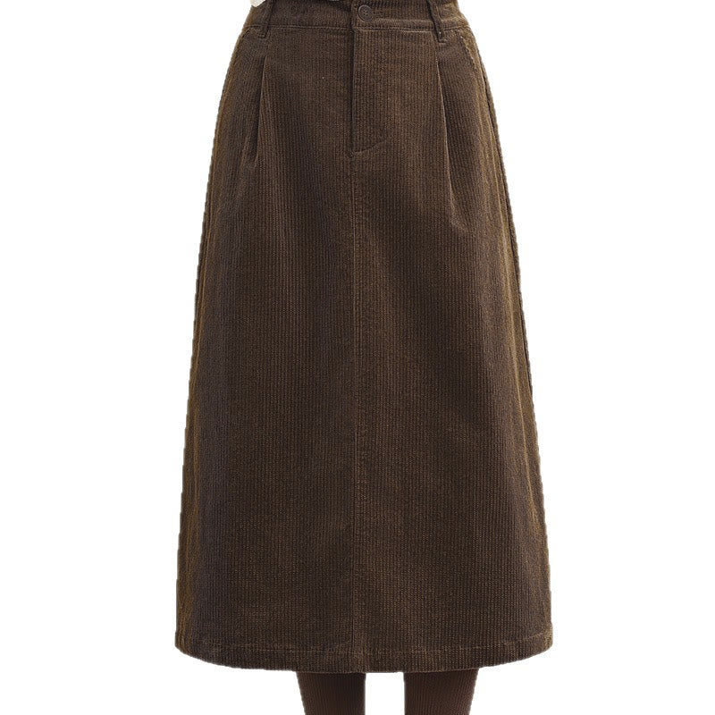 Tactile Corduroy Elastic Waist Grounding Midi Skirt with Pockets