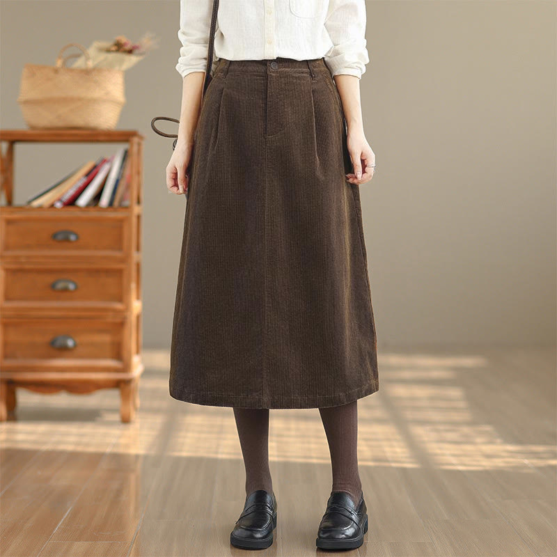 Tactile Corduroy Elastic Waist Grounding Midi Skirt with Pockets