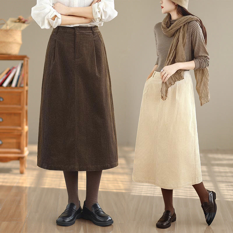 Tactile Corduroy Elastic Waist Grounding Midi Skirt with Pockets