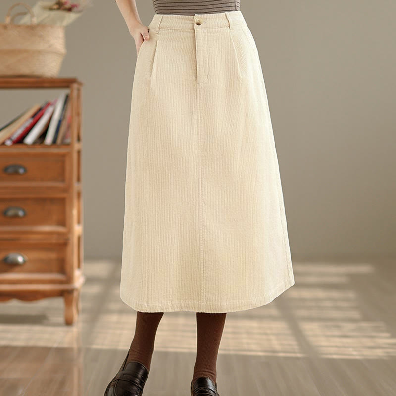 Tactile Corduroy Elastic Waist Grounding Midi Skirt with Pockets