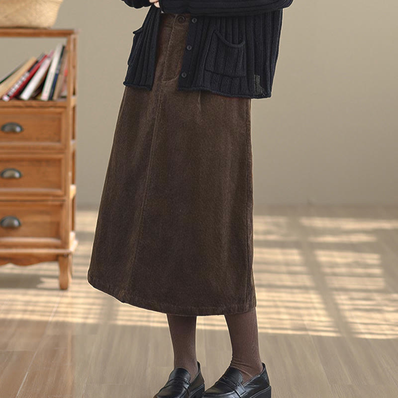 Tactile Corduroy Elastic Waist Grounding Midi Skirt with Pockets
