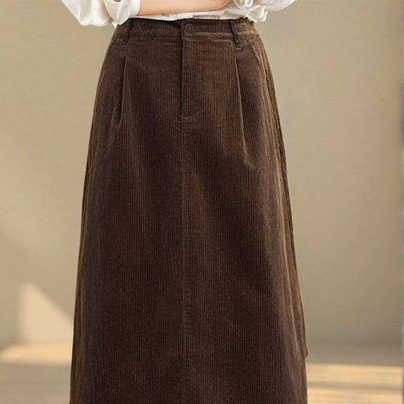 Tactile Corduroy Elastic Waist Grounding Midi Skirt with Pockets