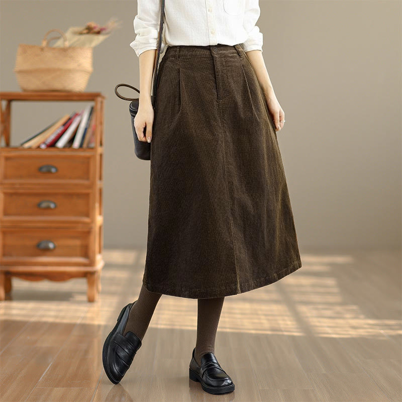 Tactile Corduroy Elastic Waist Grounding Midi Skirt with Pockets