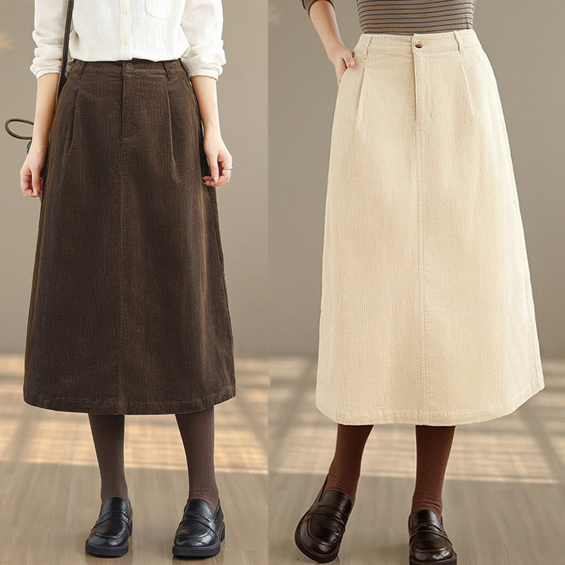 Tactile Corduroy Elastic Waist Grounding Midi Skirt with Pockets