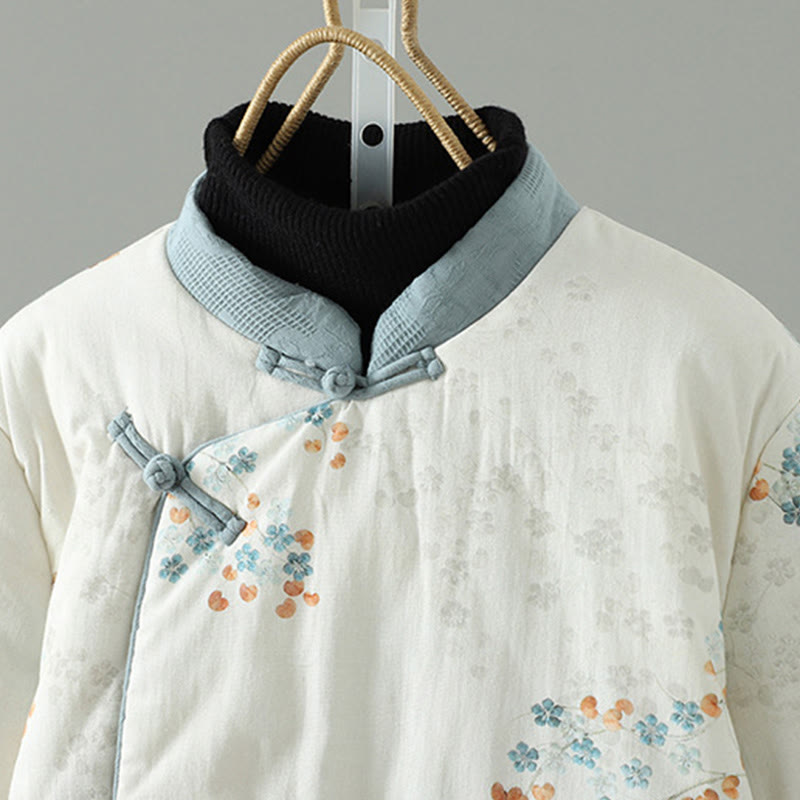 Women's Blue Flower Frog-Button Design Long Sleeve Thermal Jacket