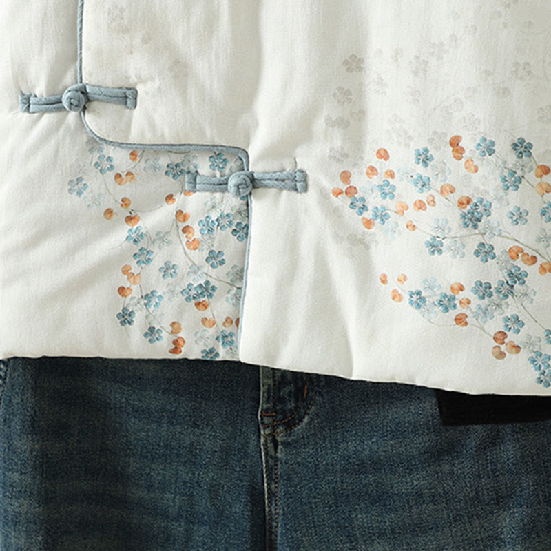 Women's Blue Flower Frog-Button Design Long Sleeve Thermal Jacket