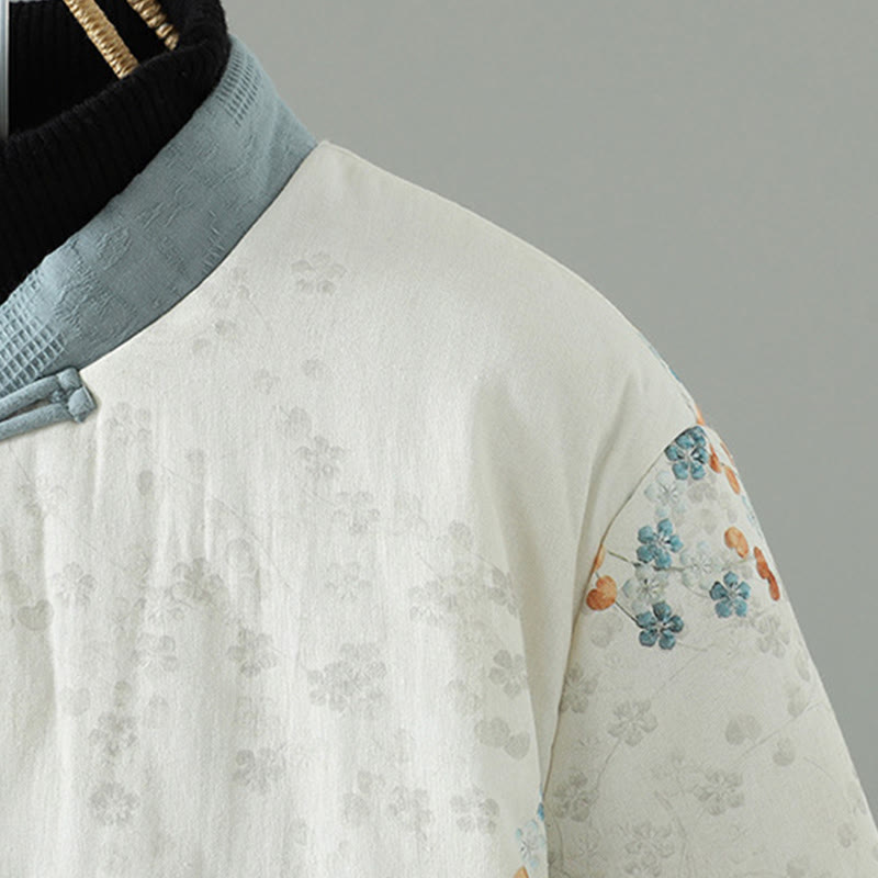 Women's Blue Flower Frog-Button Design Long Sleeve Thermal Jacket