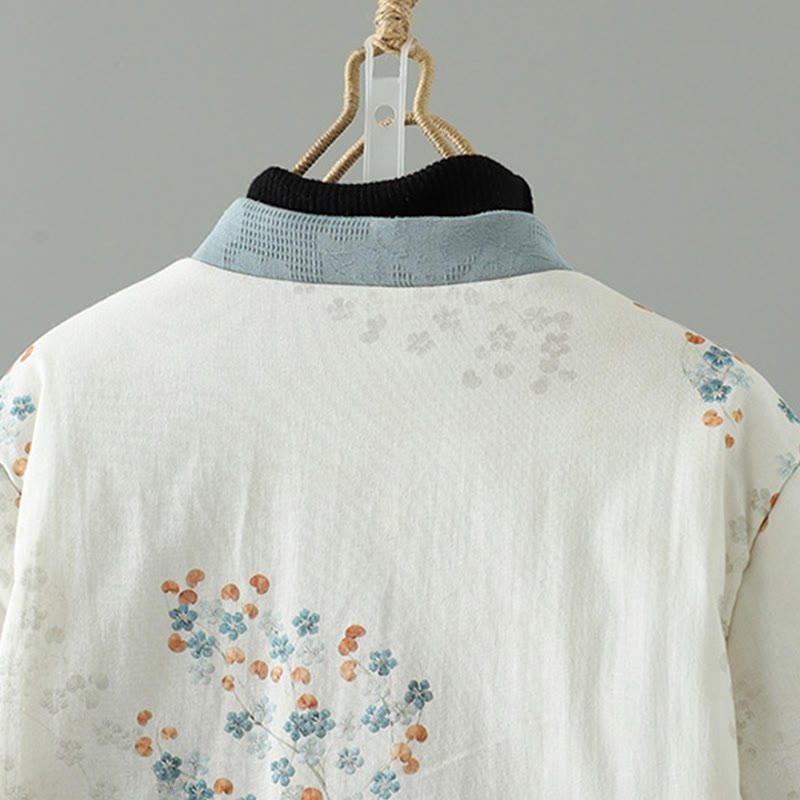 Women's Blue Flower Frog-Button Design Long Sleeve Thermal Jacket