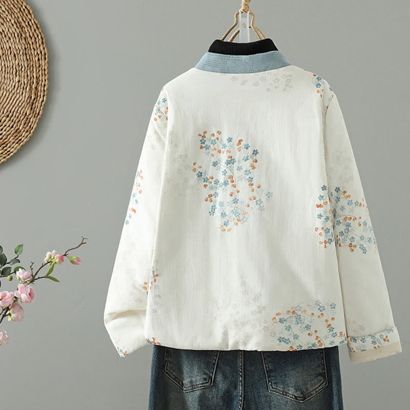 Women's Blue Flower Frog-Button Design Long Sleeve Thermal Jacket