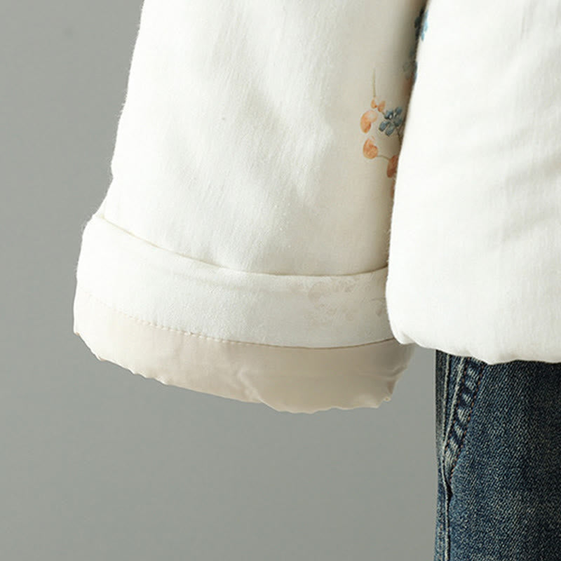 Women's Blue Flower Frog-Button Design Long Sleeve Thermal Jacket