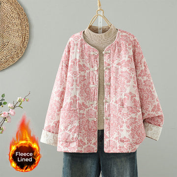 Women's Peony Flowers Frog-Button Design Long Sleeve Thermal Jacket With Pockets