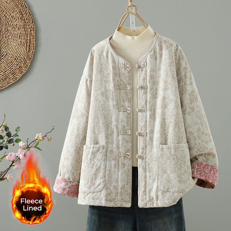 Women's Peony Flowers Frog-Button Design Long Sleeve Thermal Jacket With Pockets