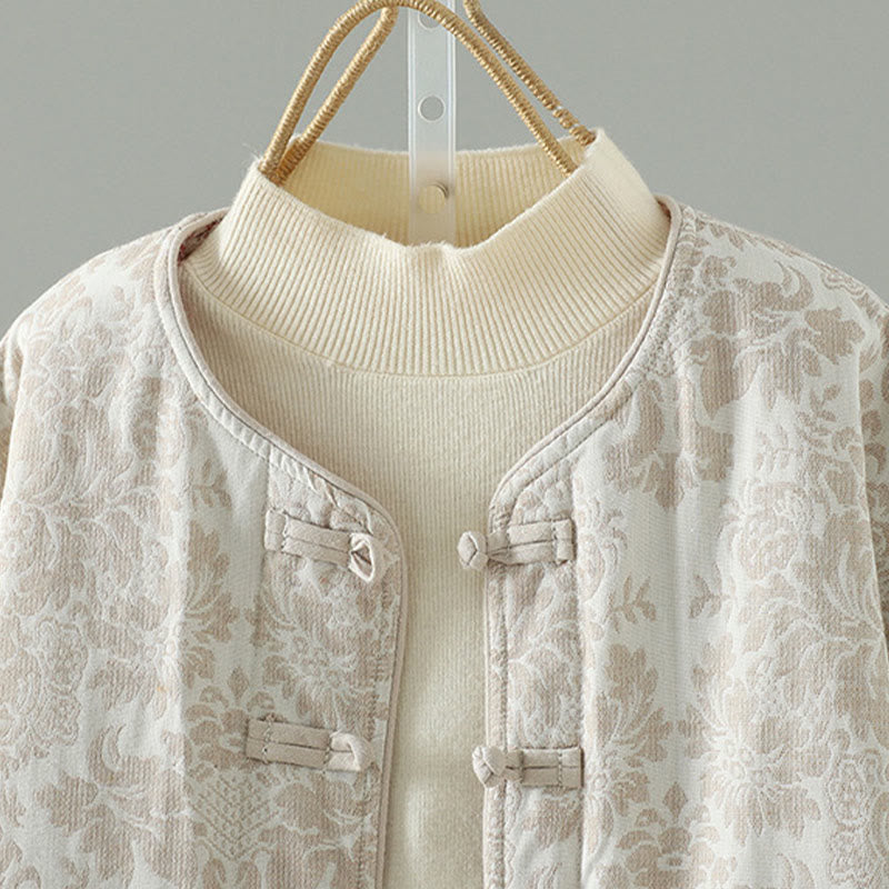 Women's Peony Flowers Frog-Button Design Long Sleeve Thermal Jacket With Pockets