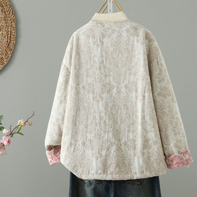 Women's Peony Flowers Frog-Button Design Long Sleeve Thermal Jacket With Pockets