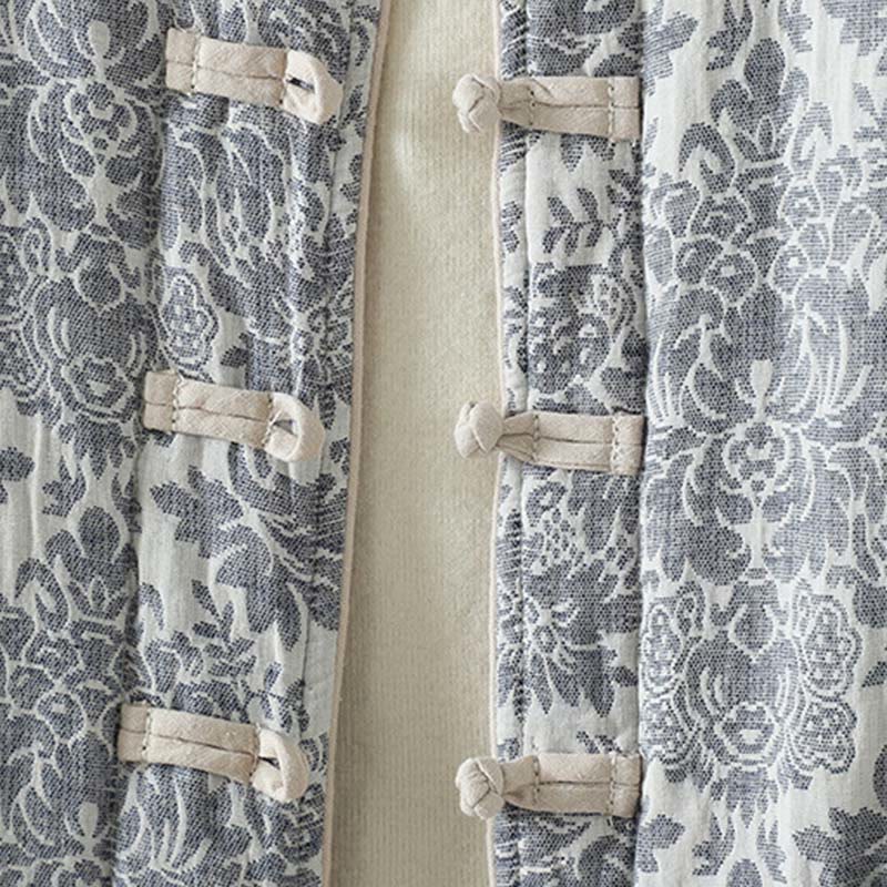 Women's Peony Flowers Frog-Button Design Long Sleeve Thermal Jacket With Pockets