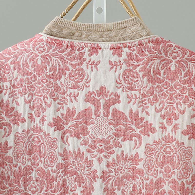 Women's Peony Flowers Frog-Button Design Long Sleeve Thermal Jacket With Pockets