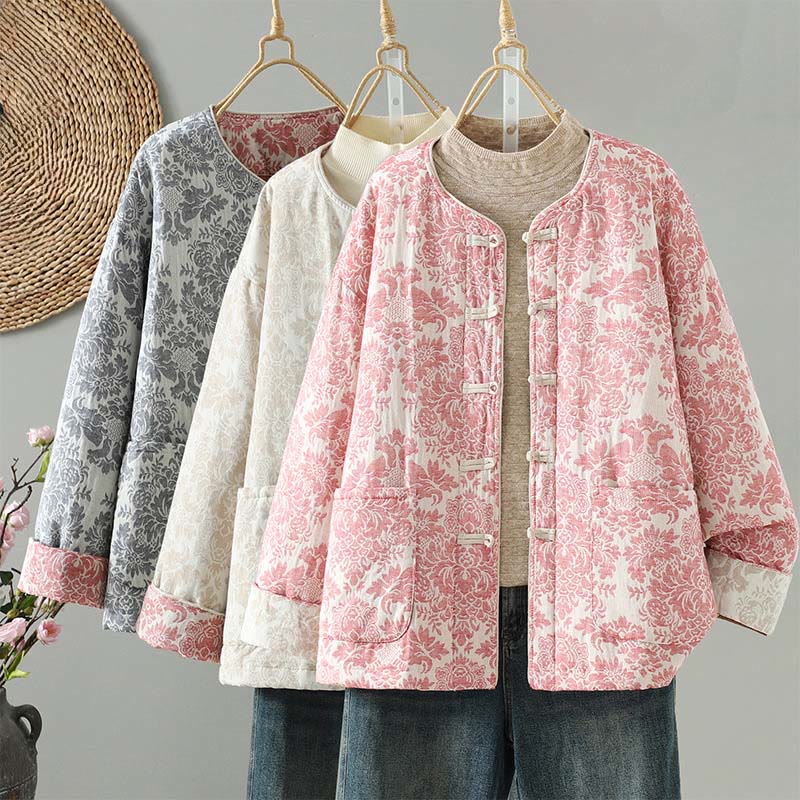 Women's Peony Flowers Frog-Button Design Long Sleeve Thermal Jacket With Pockets