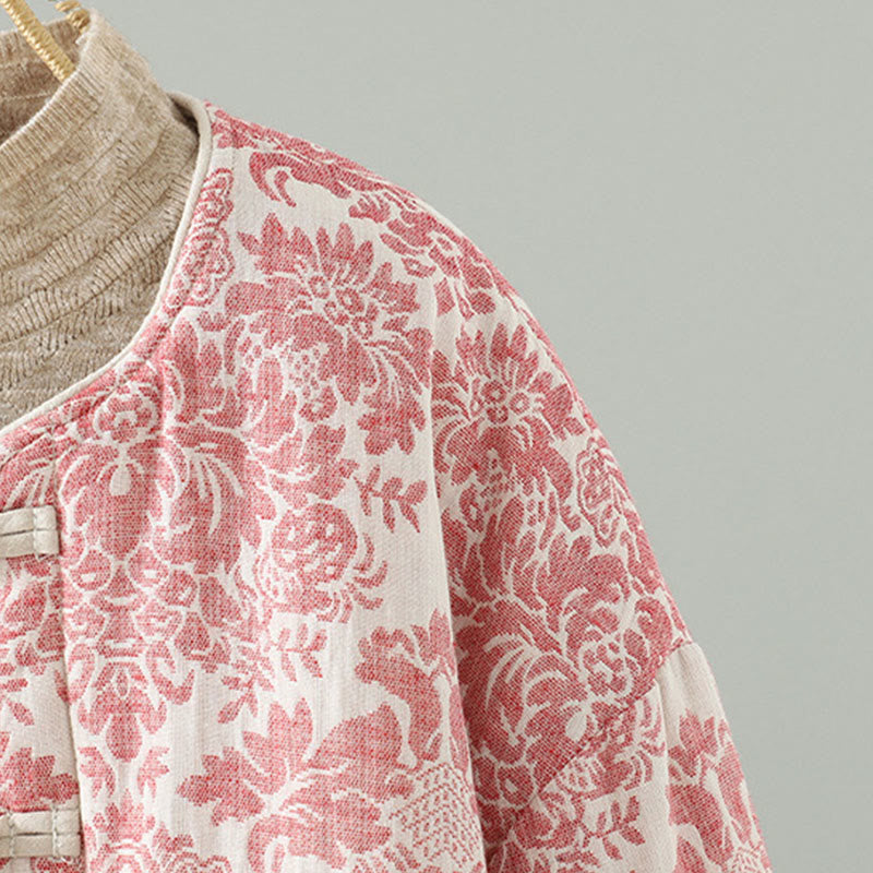 Women's Peony Flowers Frog-Button Design Long Sleeve Thermal Jacket With Pockets