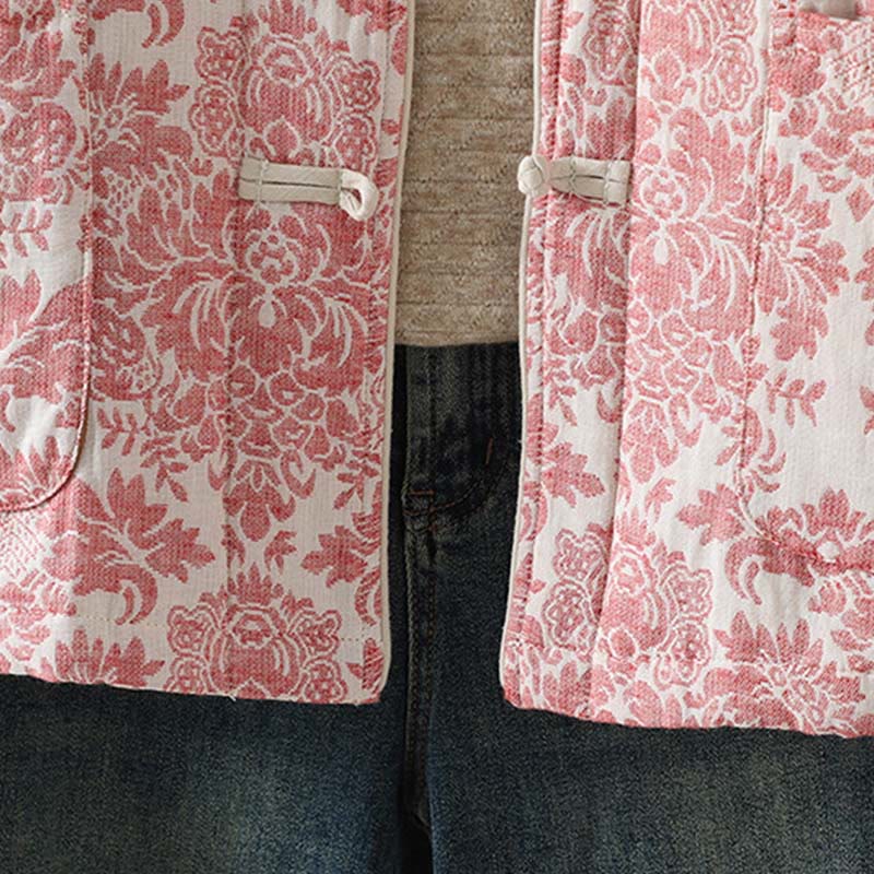 Women's Peony Flowers Frog-Button Design Long Sleeve Thermal Jacket With Pockets