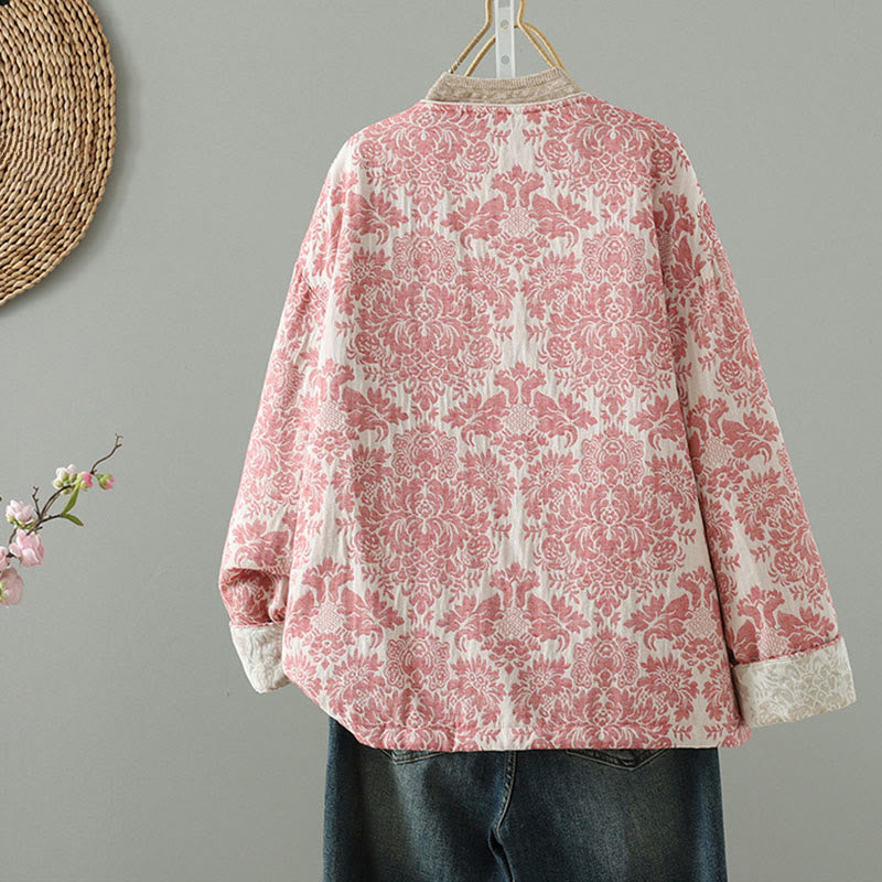 Women's Peony Flowers Frog-Button Design Long Sleeve Thermal Jacket With Pockets