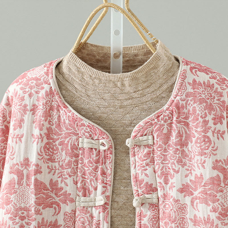 Women's Peony Flowers Frog-Button Design Long Sleeve Thermal Jacket With Pockets