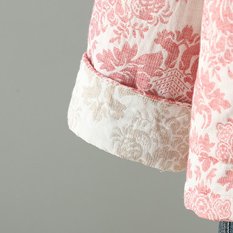 Women's Peony Flowers Frog-Button Design Long Sleeve Thermal Jacket With Pockets