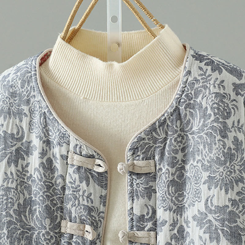 Women's Peony Flowers Frog-Button Design Long Sleeve Thermal Jacket With Pockets