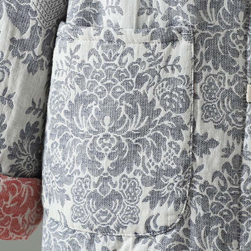 Women's Peony Flowers Frog-Button Design Long Sleeve Thermal Jacket With Pockets