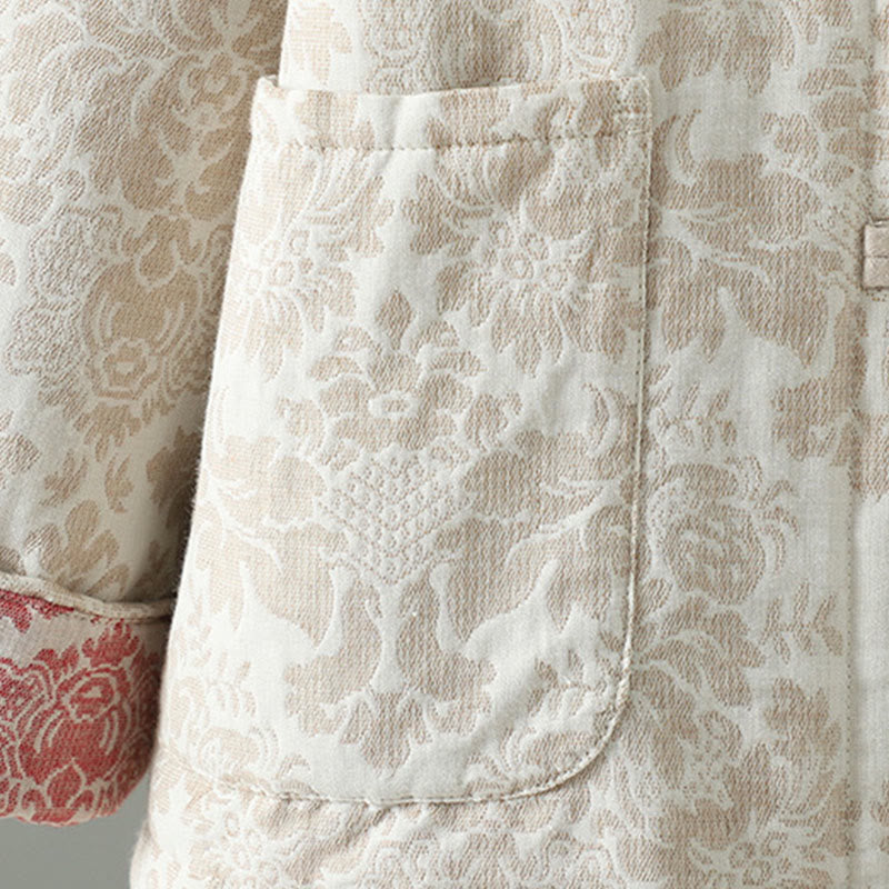 Women's Peony Flowers Frog-Button Design Long Sleeve Thermal Jacket With Pockets