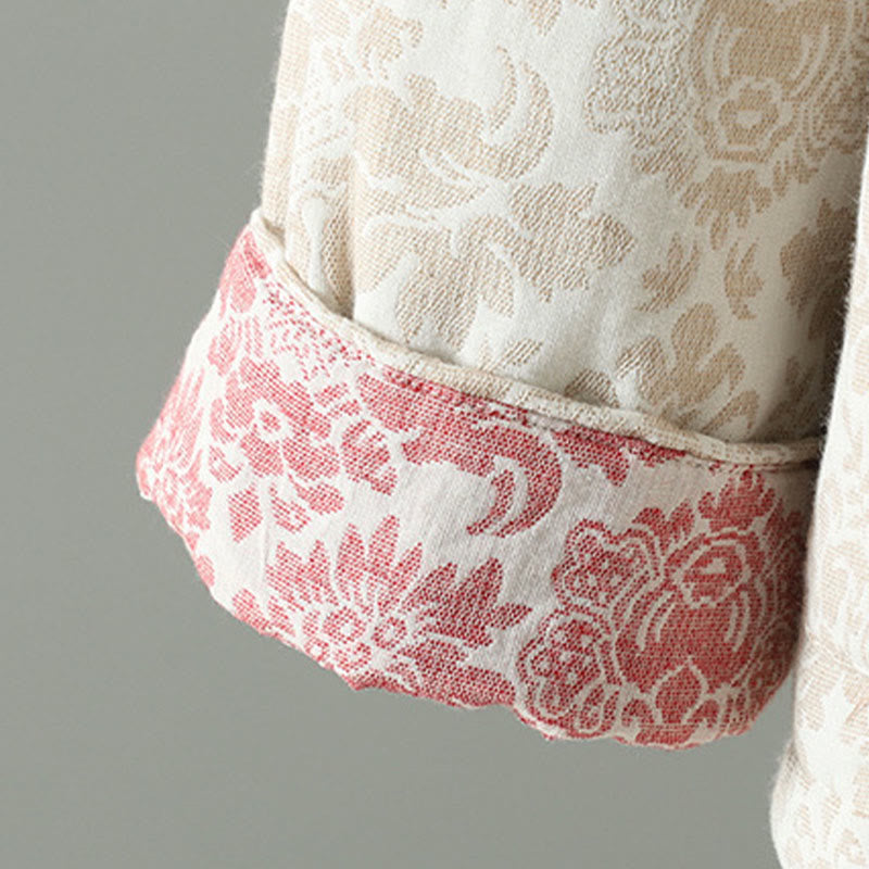 Women's Peony Flowers Frog-Button Design Long Sleeve Thermal Jacket With Pockets