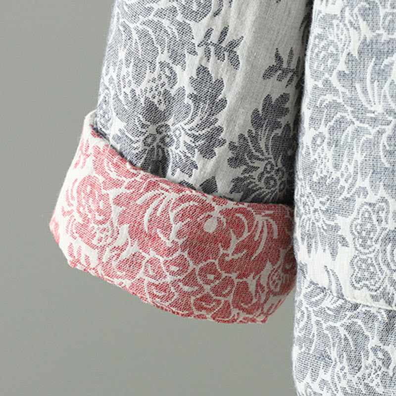 Women's Peony Flowers Frog-Button Design Long Sleeve Thermal Jacket With Pockets