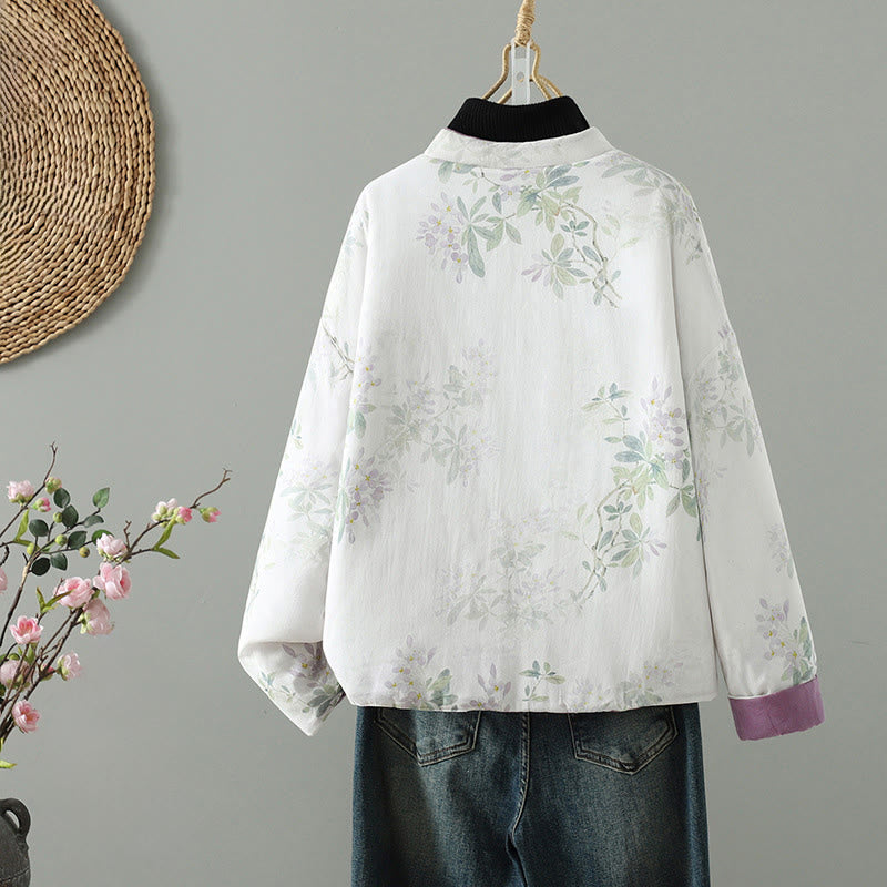 Women's Purple Flower Leaves Frog-Button Design Long Sleeve Thermal Jacket