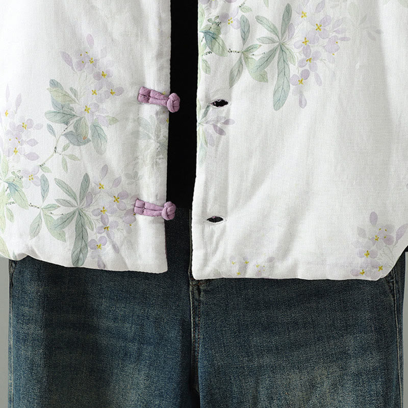 Women's Purple Flower Leaves Frog-Button Design Long Sleeve Thermal Jacket